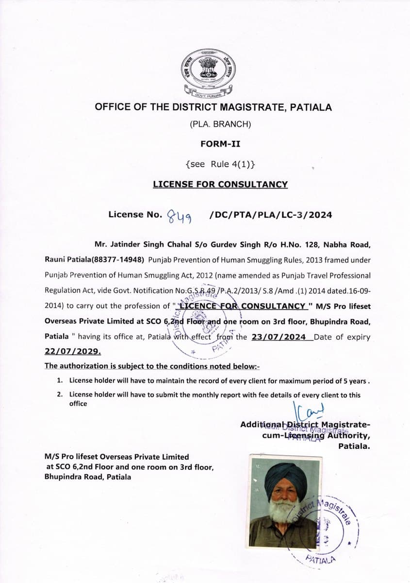 Consultancy licence 849/DC/PTA/PLA/LC-3/2024 issued to Pro Lifeset Overseas Pvt Ltd by the District Magistrate, Patiala